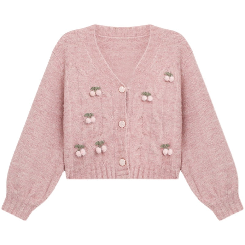 Knitted Cardigan Pink Cherry Sweater